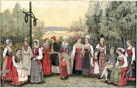 Variations of Swedish folk dress. Image via foreverswedish.org.