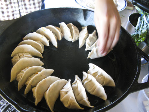 Place the dumplings around the pan, not too close since they will stick to eachother.