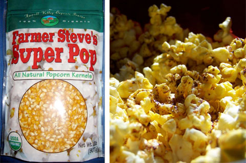 Farmer Steve's Super Pop contains nothing but corn. Add your own spices, chili pepper for example. Right photo by protoflux, Creative Commons.