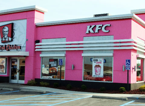 A KFC restaurant in Louisville helped launch the company's "Buckets for the Cure" campaign by painting their restaurant pink.