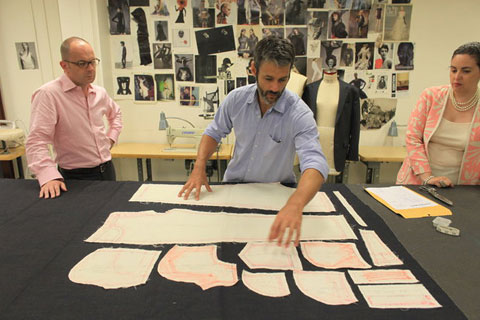Simon Collins, Scott Mackinlay Hahn and Fiona Dieffenbacher working on a zero-waste five-pocket jean pattern. Photo by Fred R. Conrad for The New York Times.