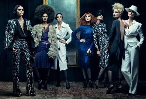Ford and model muses in Vogue's December editorial. Photo by Steven Meisel, via Vogue.