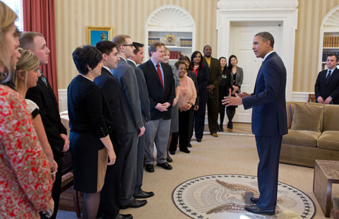 President Barack Obama talks with Inaugural National Citizen Co-Chairs in the Oval Office, Jan. 18, 2013. Photo via The White House.