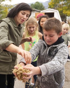 Students threshing wheat.